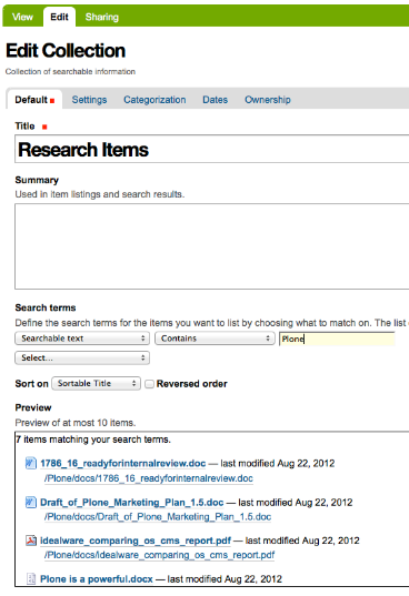 Plone 4.2 New Collection Screenshot