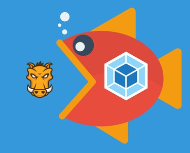 Fish with webpack logo about to eat Grunt logo