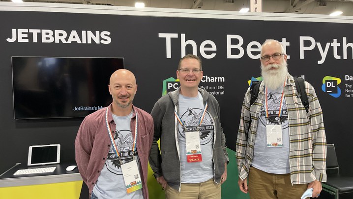Sixies — Adam Atkison, Calvin Hendryx-Parker and Glenn Franxman — at PyCon in the JetBrains booth.