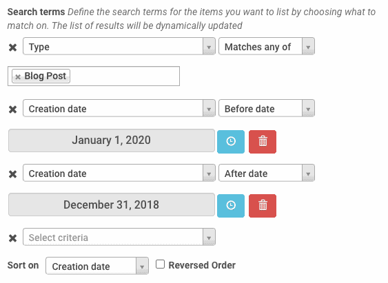 Showing 3 conditions type matches blog post creation date before date 01/01/2020 and after date 12/31/2020
